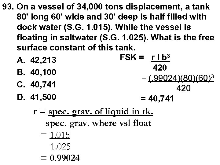 93. On a vessel of 34, 000 tons displacement, a tank 80' long 60'