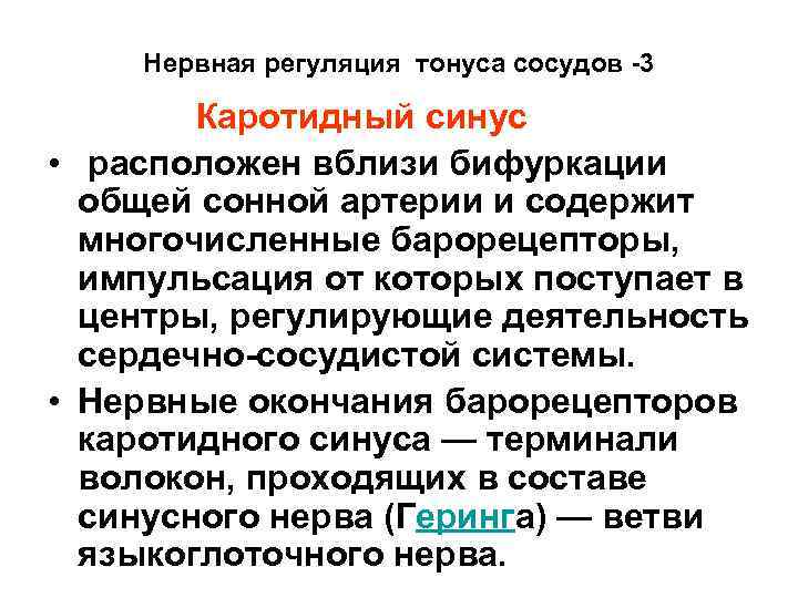 Нервная регуляция тонуса сосудов -3 Каротидный синус • расположен вблизи бифуркации общей сонной артерии