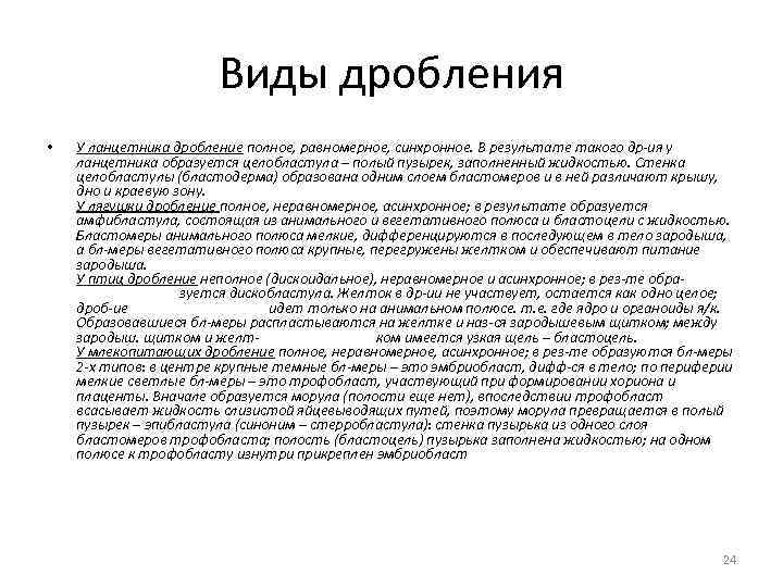 Виды дробления • У ланцетника дробление полное, равномерное, синхронное. В результате такого др-ия у