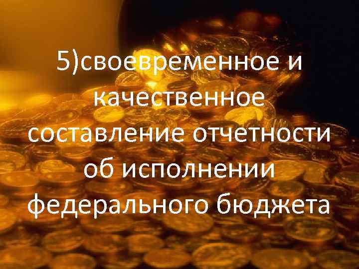 5)своевременное и качественное составление отчетности об исполнении федерального бюджета 