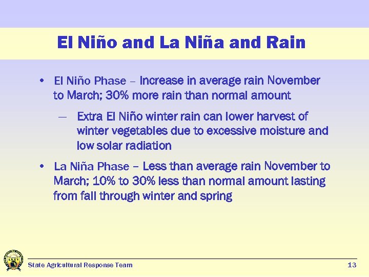 El Niño and La Niña and Rain • El Niño Phase – Increase in