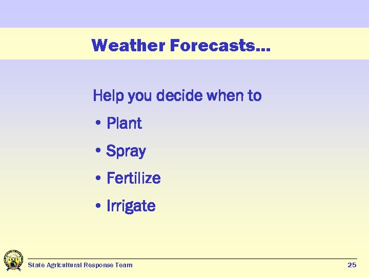 Weather Forecasts… Help you decide when to • Plant • Spray • Fertilize •