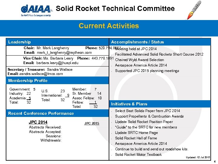 Solid Rocket Technical Committee Current Activities Leadership Accomplishments / Status Chair: Mr. Mark Langhenry
