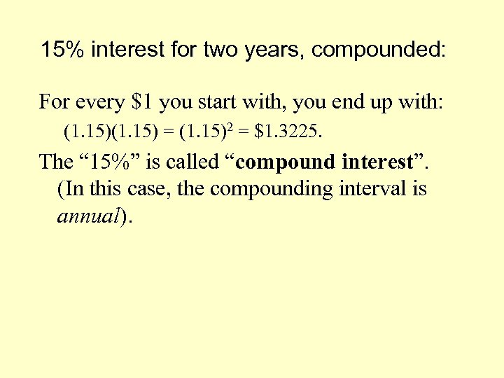 15% interest for two years, compounded: For every $1 you start with, you end