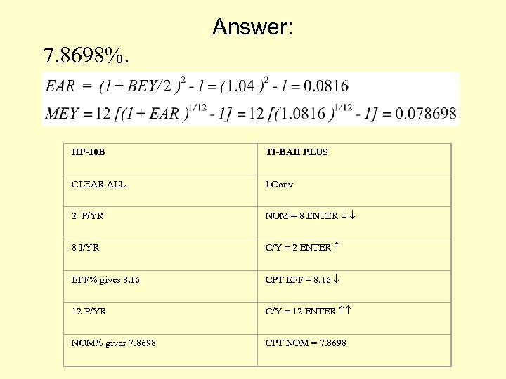 Answer: 7. 8698%. HP-10 B TI-BAII PLUS CLEAR ALL I Conv 2 P/YR NOM