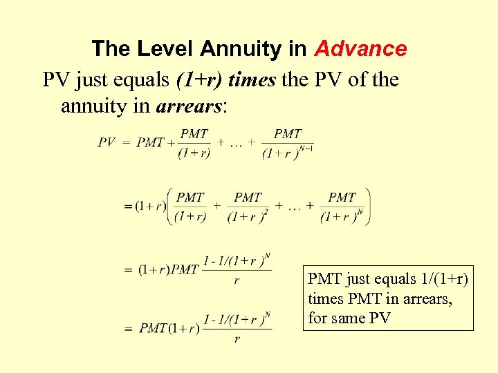 The Level Annuity in Advance PV just equals (1+r) times the PV of the