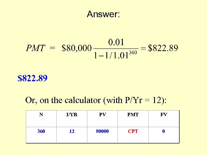 Answer: $822. 89 Or, on the calculator (with P/Yr = 12): N I/YR PV