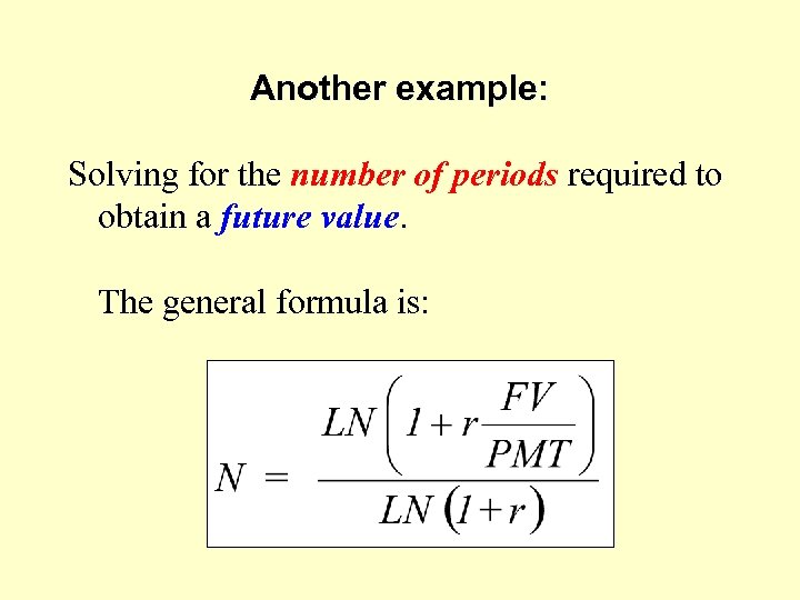 Another example: Solving for the number of periods required to obtain a future value.