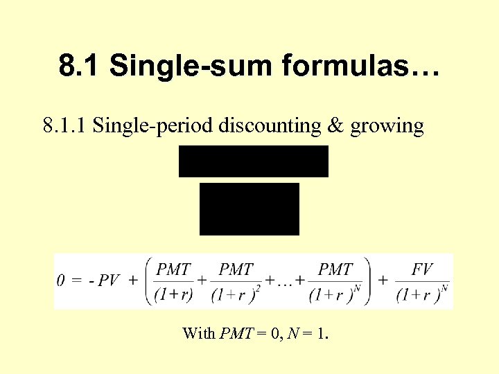 8. 1 Single-sum formulas… 8. 1. 1 Single-period discounting & growing With PMT =