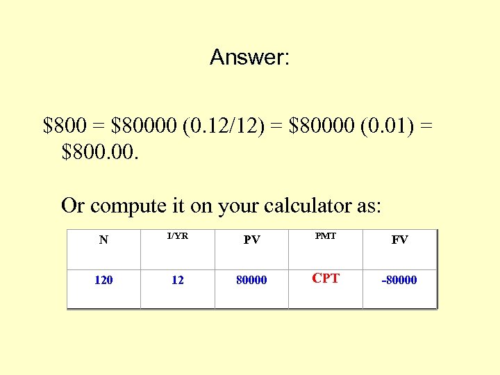 Answer: $800 = $80000 (0. 12/12) = $80000 (0. 01) = $800. Or compute