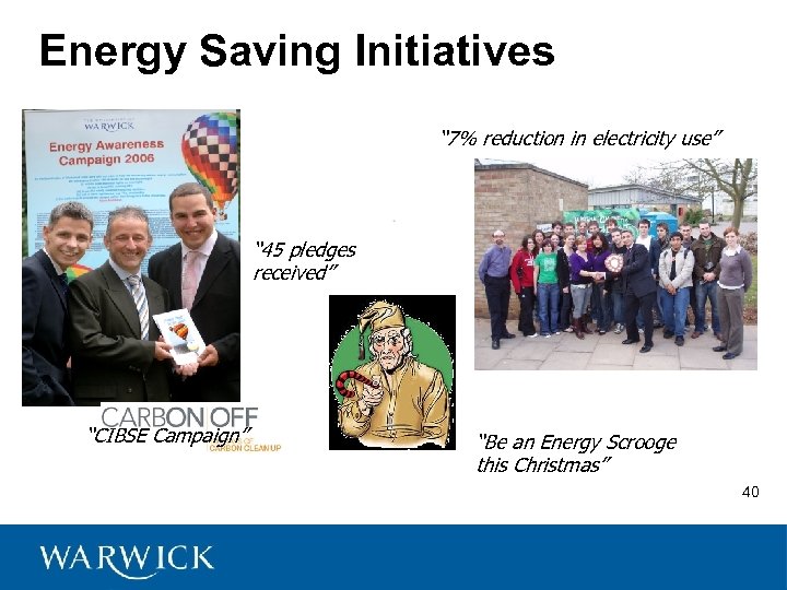 Energy Saving Initiatives “ 7% reduction in electricity use” “ 45 pledges received” “CIBSE