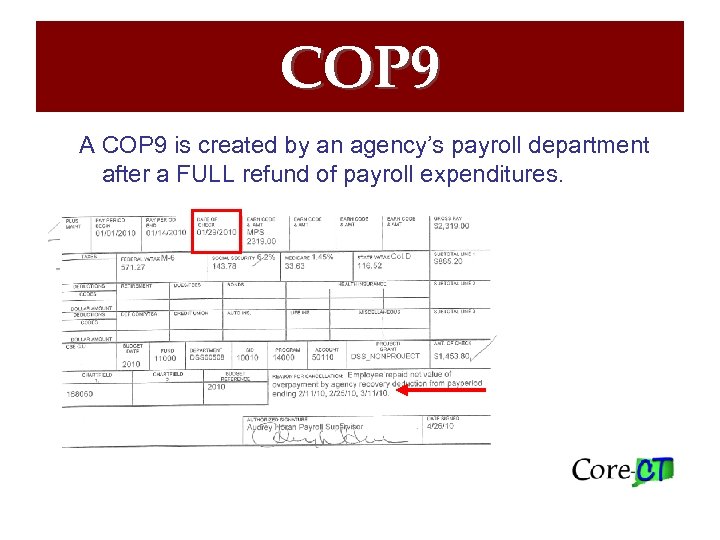 COP 9 A COP 9 is created by an agency’s payroll department after a