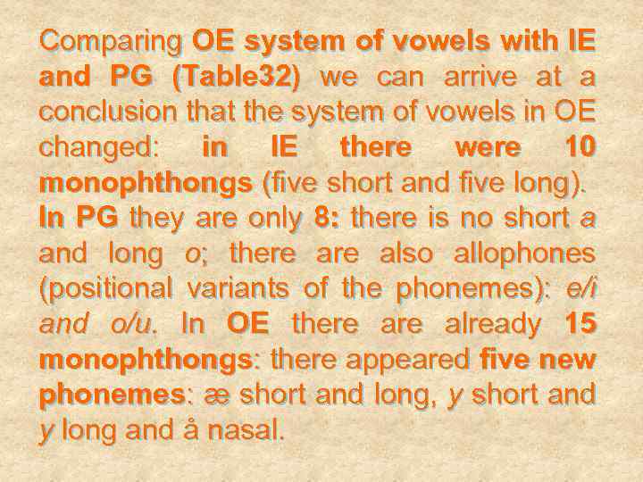 Comparing OE system of vowels with IE and PG (Table 32) we can arrive