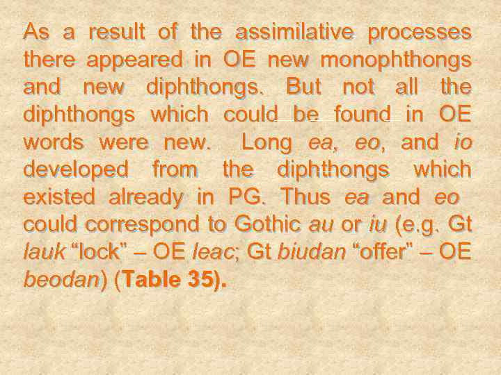 As a result of the assimilative processes there appeared in OE new monophthongs and