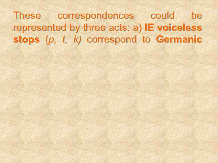These correspondences could be represented by three acts: a) IE voiceless stops (p, t,