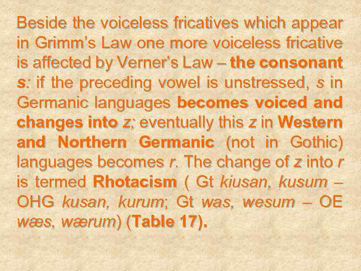 Beside the voiceless fricatives which appear in Grimm’s Law one more voiceless fricative is