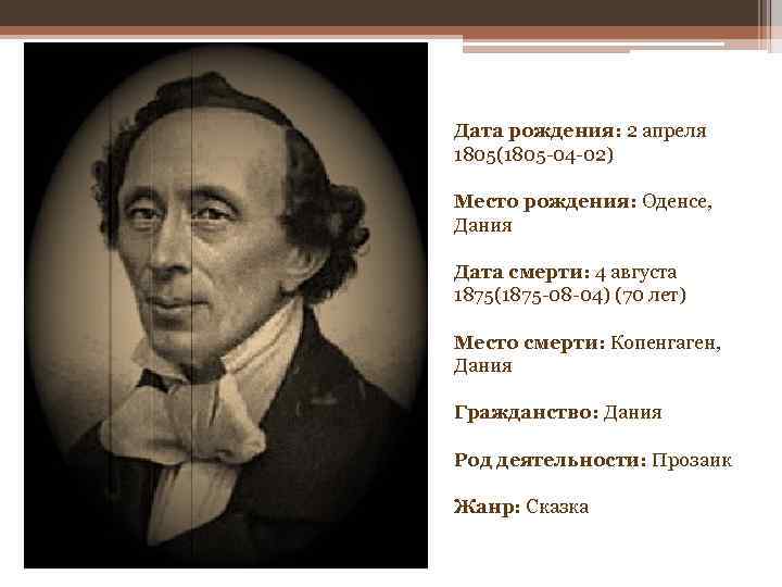 , Дата рождения: 2 апреля 1805(1805 -04 -02) Место рождения: Оденсе, Дания Дата смерти: