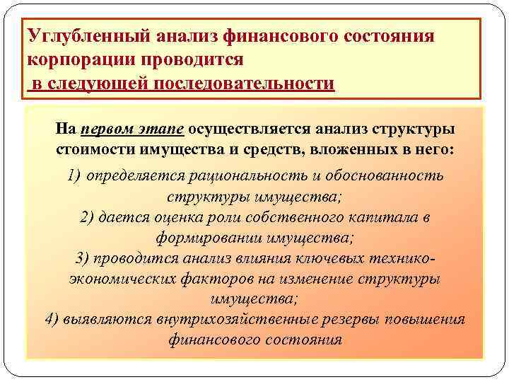 Углубленный анализ финансового состояния корпорации проводится в следующей последовательности На первом этапе осуществляется анализ