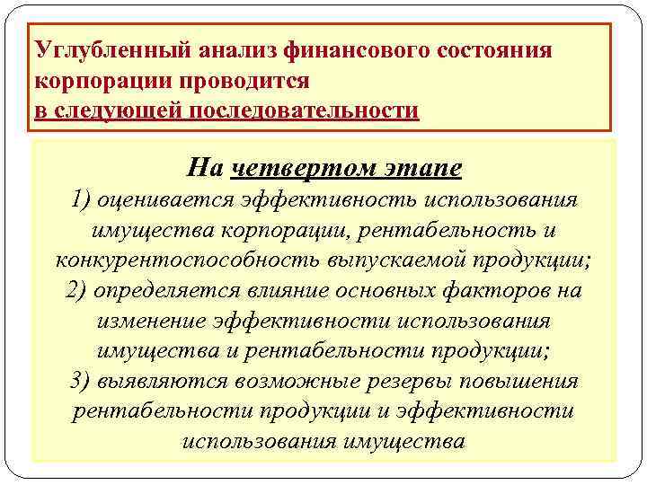 Углубленный анализ финансового состояния корпорации проводится в следующей последовательности На четвертом этапе 1) оценивается