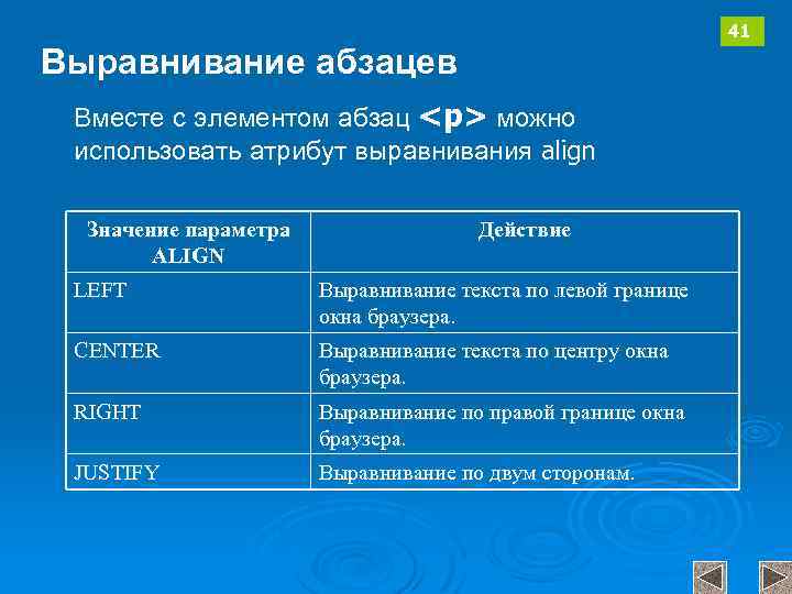 41 Выравнивание абзацев Вместе с элементом абзац <p> можно использовать атрибут выравнивания align Значение