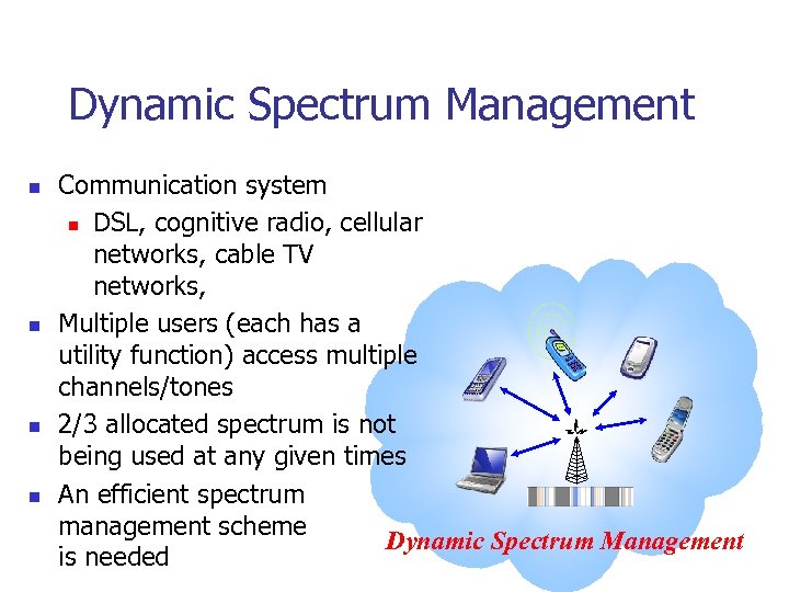 Dynamic Spectrum Management n n Communication system n DSL, cognitive radio, cellular networks, cable