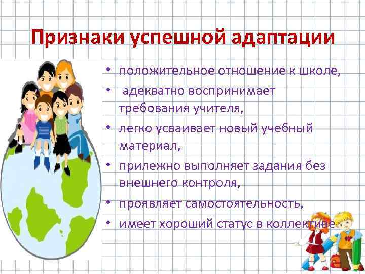 Признаки успешной адаптации • положительное отношение к школе, • адекватно воспринимает требования учителя, •