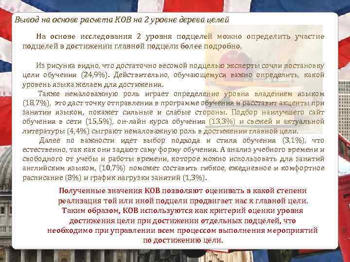 Вывод на основе расчета КОВ на 2 уровне дерева целей На основе исследования 2