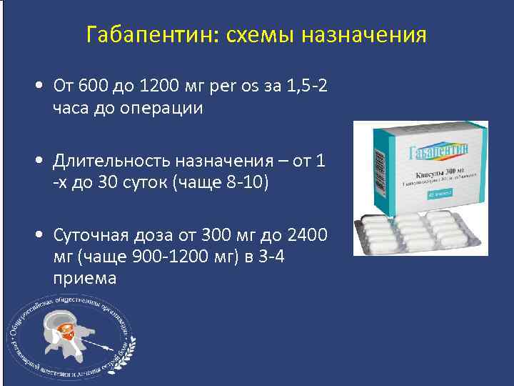 Габапентин: схемы назначения • От 600 до 1200 мг per os за 1, 5