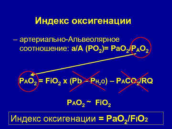 Индекс оксигенации – артериально-Альвеолярное соотношение: а/А (РО 2)= Ра. О 2/РАО 2 = Fi.