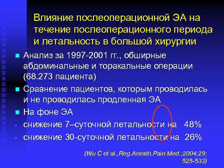 Влияние послеоперационной ЭА на течение послеоперационного периода и летальность в большой хирургии n n