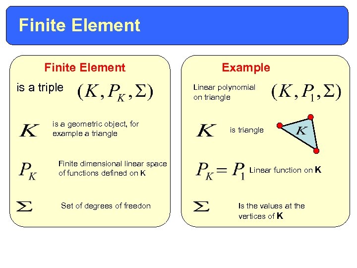 Finite Element is a triple is a geometric object, for example a triangle Finite