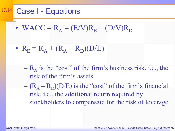17. 14 Case I - Equations • WACC = RA = (E/V)RE + (D/V)RD