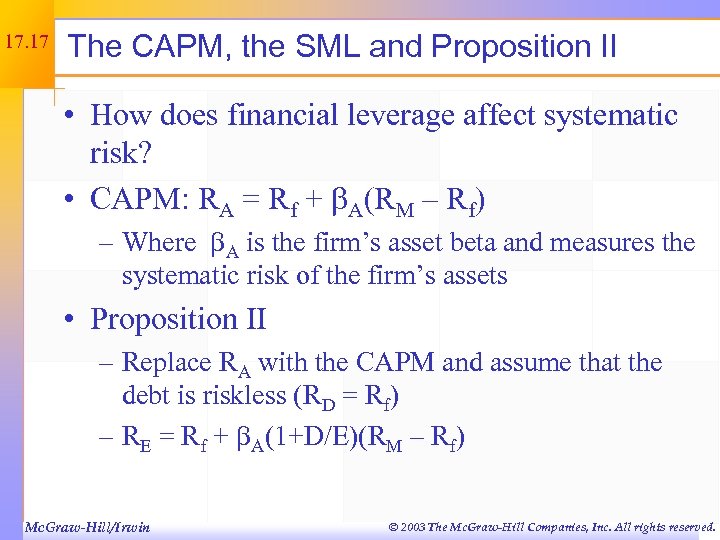 17. 17 The CAPM, the SML and Proposition II • How does financial leverage