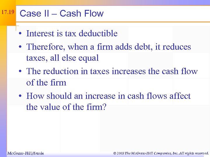 17. 19 Case II – Cash Flow • Interest is tax deductible • Therefore,