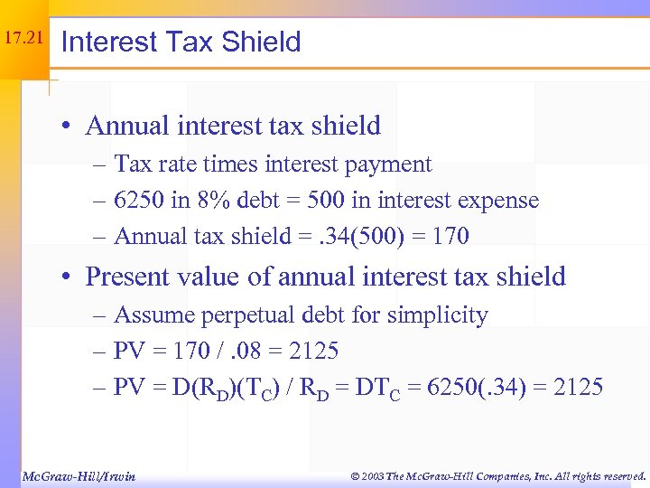 17. 21 Interest Tax Shield • Annual interest tax shield – Tax rate times