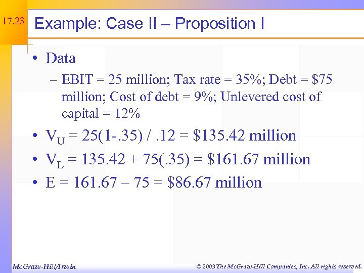 17. 23 Example: Case II – Proposition I • Data – EBIT = 25