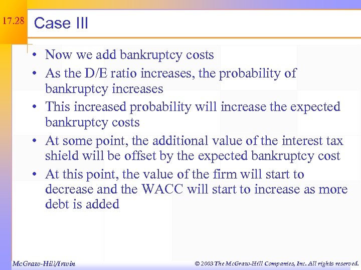 17. 28 Case III • Now we add bankruptcy costs • As the D/E