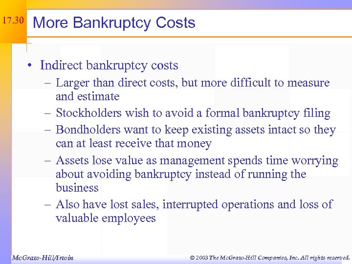 17. 30 More Bankruptcy Costs • Indirect bankruptcy costs – Larger than direct costs,