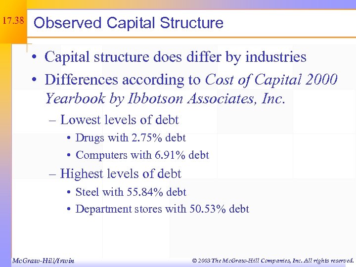 17. 38 Observed Capital Structure • Capital structure does differ by industries • Differences