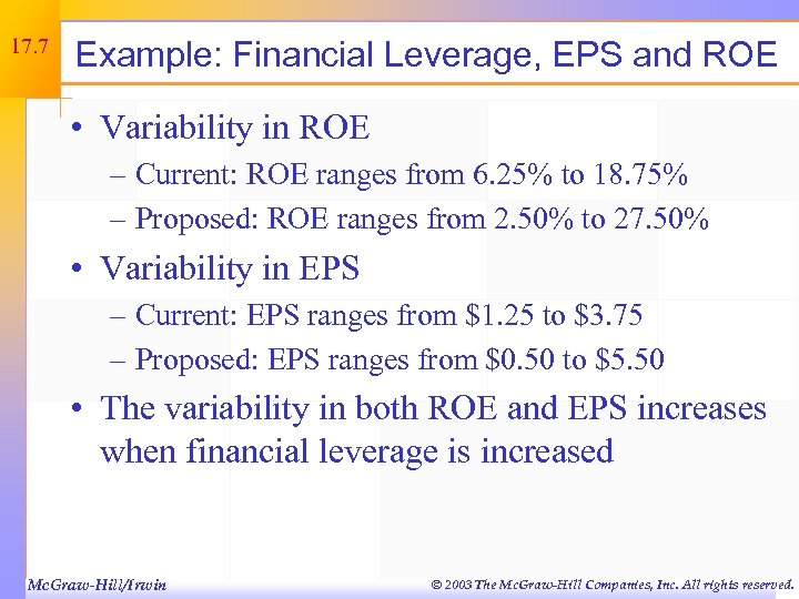 17. 7 Example: Financial Leverage, EPS and ROE • Variability in ROE – Current:
