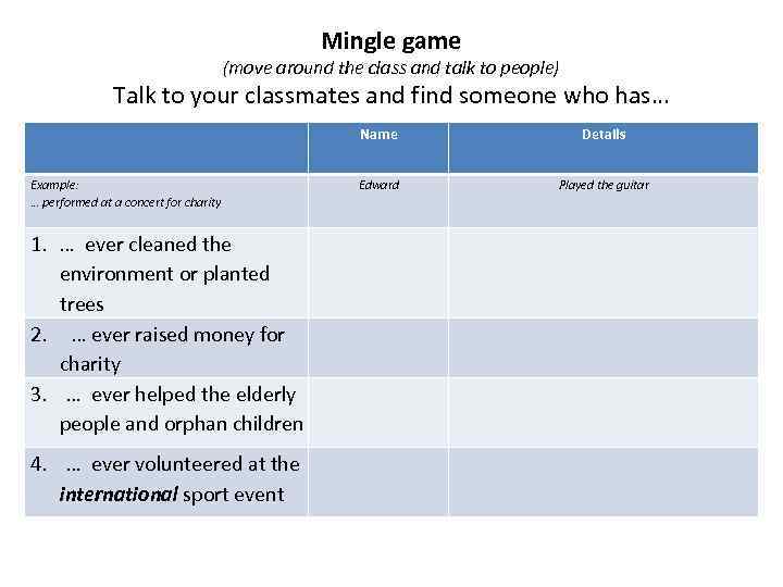 Mingle game (move around the class and talk to people) Talk to your classmates