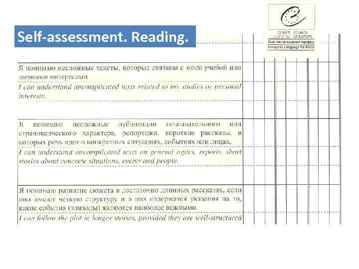 Self-assessment. Reading. 