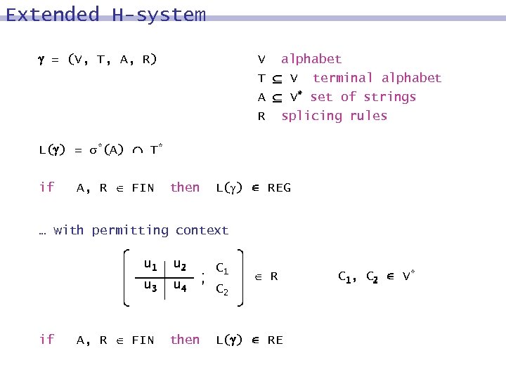 Extended H-system = (V, T, A, R) V alphabet T V terminal alphabet A