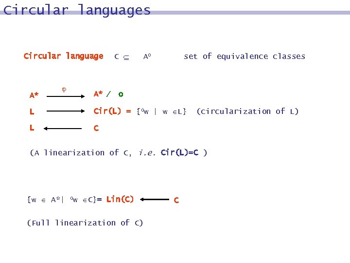 Circular languages Circular language A* A* C Ao set of equivalence classes o L