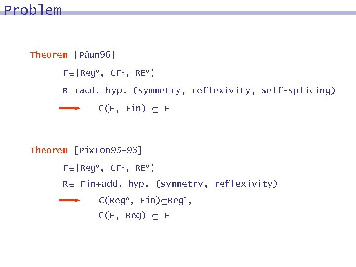 Problem Theorem [Păun 96] F {Rego, CFo, REo} R +add. hyp. (symmetry, reflexivity, self-splicing)