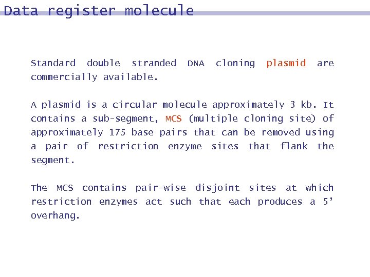 Data register molecule Standard double stranded commercially available. DNA cloning plasmid are A plasmid