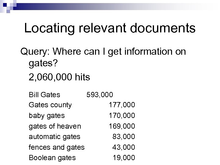 Locating relevant documents Query: Where can I get information on gates? 2, 060, 000