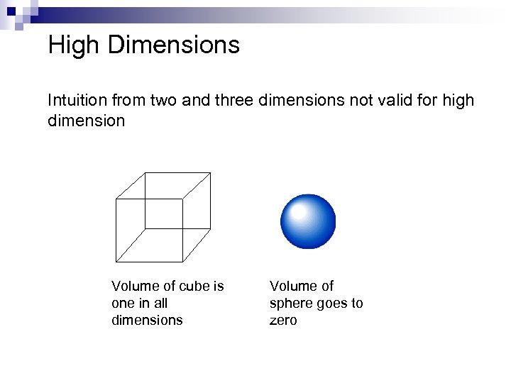 High Dimensions Intuition from two and three dimensions not valid for high dimension Volume