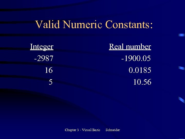 Valid Numeric Constants: Integer -2987 16 5 Real number -1900. 05 0. 0185 10.