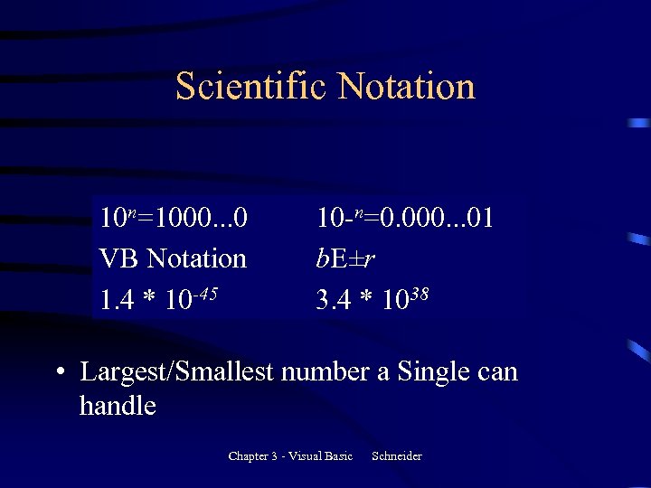 Scientific Notation 10 n=1000. . . 0 VB Notation 1. 4 * 10 -45